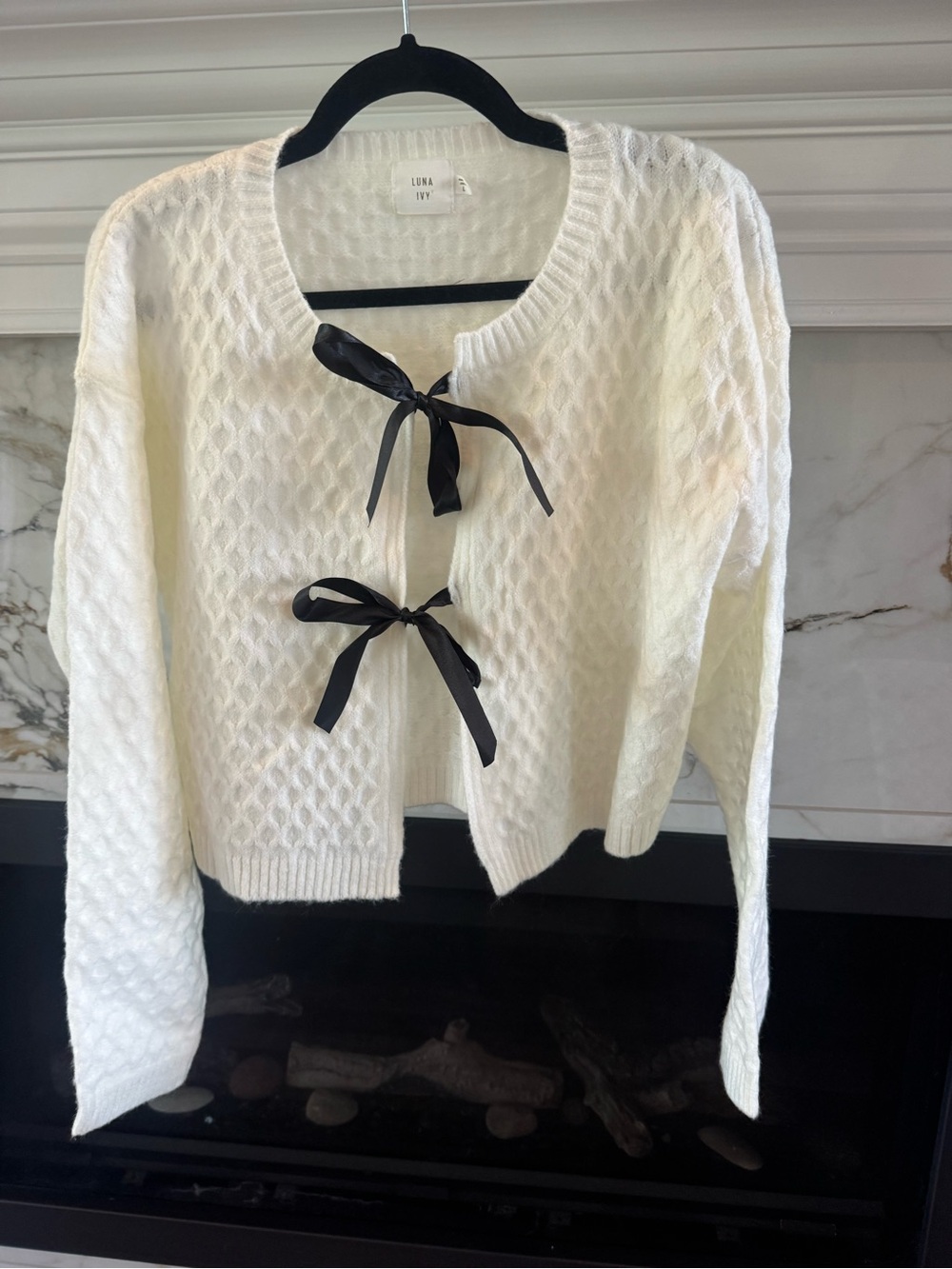 Luna Knit Cardigan with Black Ribbon Ties - White